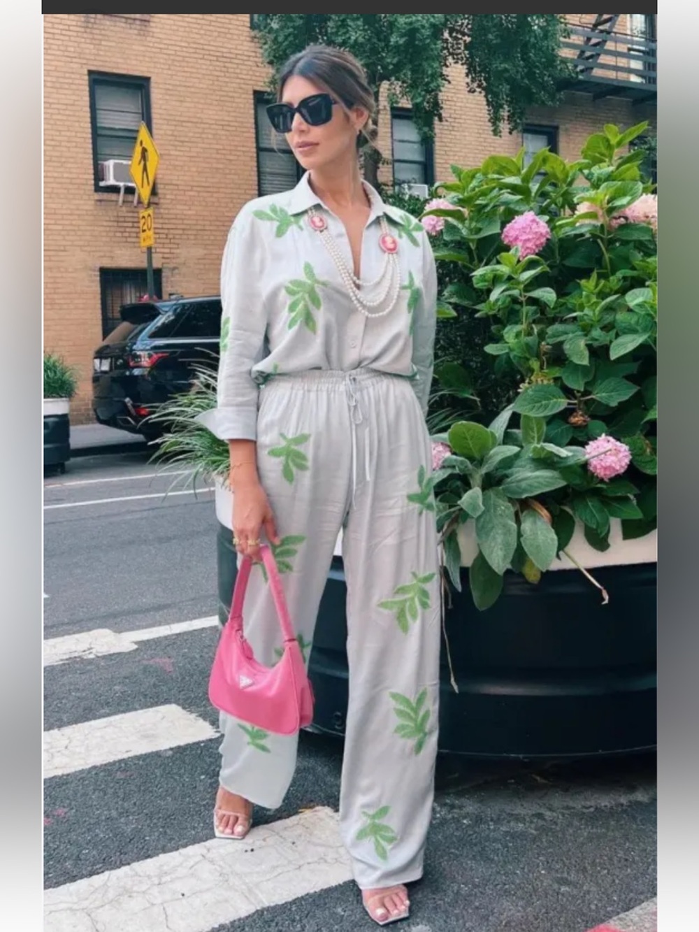 Zara Light Gray Wide-Leg Pants with Green Leaf Embroidery